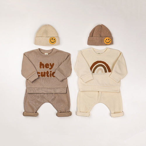 Baby Rainbow & Letter Graphic Hoodies And Pants Sets