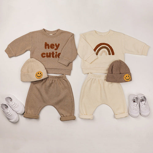 Baby Rainbow & Letter Graphic Hoodies And Pants Sets