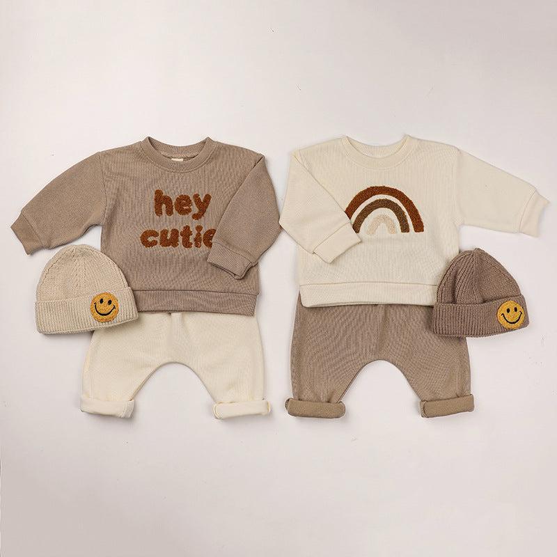 Baby Rainbow & Letter Graphic Hoodies And Pants Sets