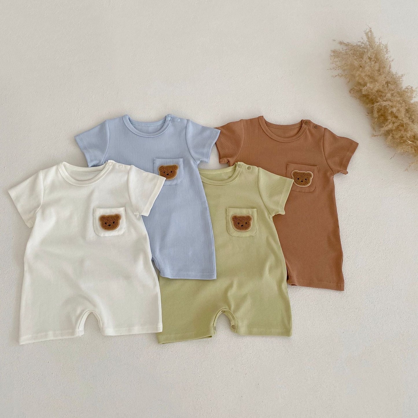 Baby Solid Color Bear Patched Pattern Comfy Summer Romper